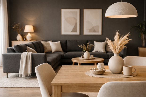 Salon moderne décoré en anthracite avec meuble en bois clair et accessoires en beige et blanc.