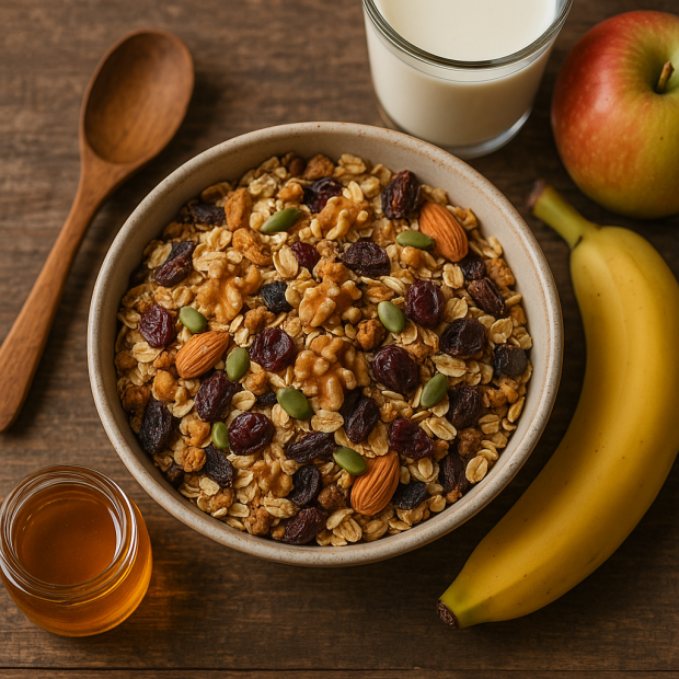 Bol de muesli maison avec des flocons d'avoine, des noix, des fruits secs et des graines sur une table en bois.