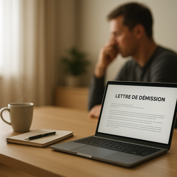 Un bureau moderne avec une lettre de démission sur l'ordinateur, symbolisant la prise de décision.
