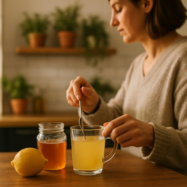 Personne préparant un remède maison contre la toux avec du miel et du citron.