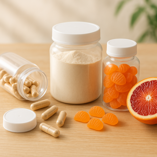 Produits Morosil de santé et de bien-être sur une table en bois