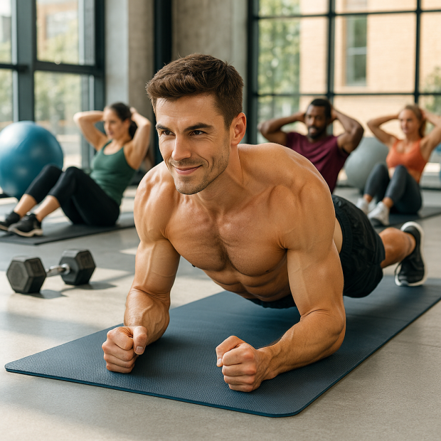 Personne en train de faire des exercices d'abdominaux dans une salle de sport moderne, illustrant l'entraînement et le bien-être.
