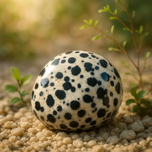Pierre de jaspe dalmatien sur fond naturel avec motifs tachetés noir et blanc.