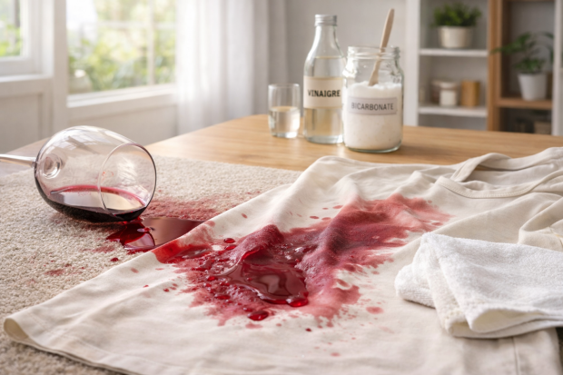 Un accident de vin rouge sur un vêtement en tissu dans une cuisine lumineuse montrant les astuces pour enlever les taches.