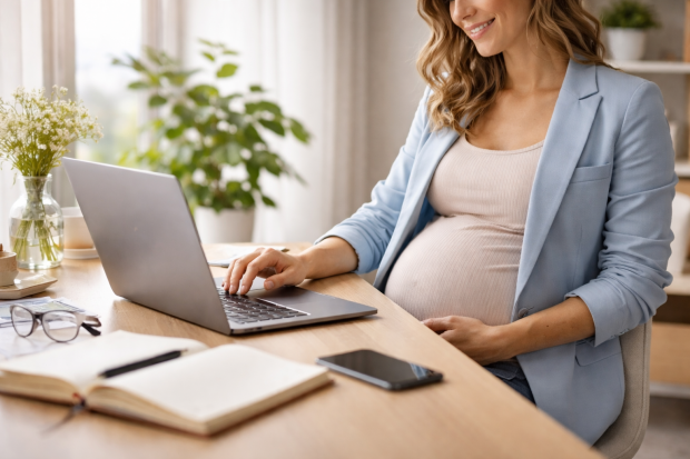 Femme auto-entrepreneuse enceinte travaillant sur son ordinateur dans un bureau lumineux.