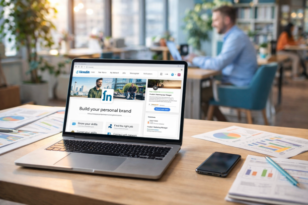 Bureau moderne avec un ordinateur affichant LinkedIn et une personne professionnelle travaillant à distance
