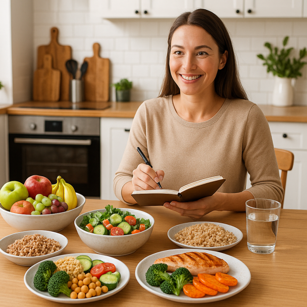 Cuisine moderne avec plats sains et une personne prenant des notes sur un carnet alimentaire