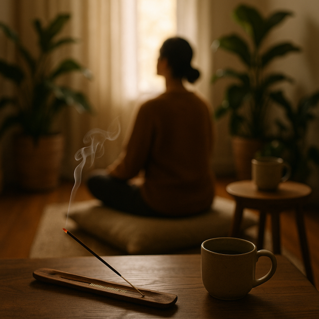 Coin méditation avec encens Nag Champa, plantes et ambiance sereine.
