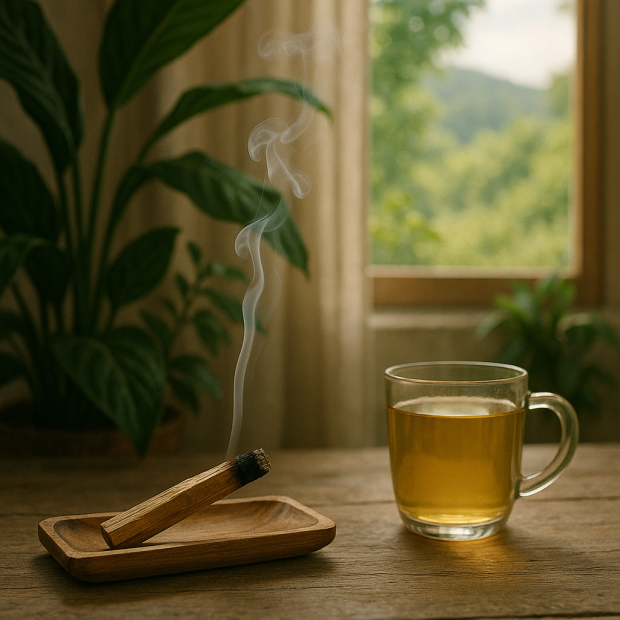Bâton de Palo Santo fumant avec des éléments naturels en arrière-plan.