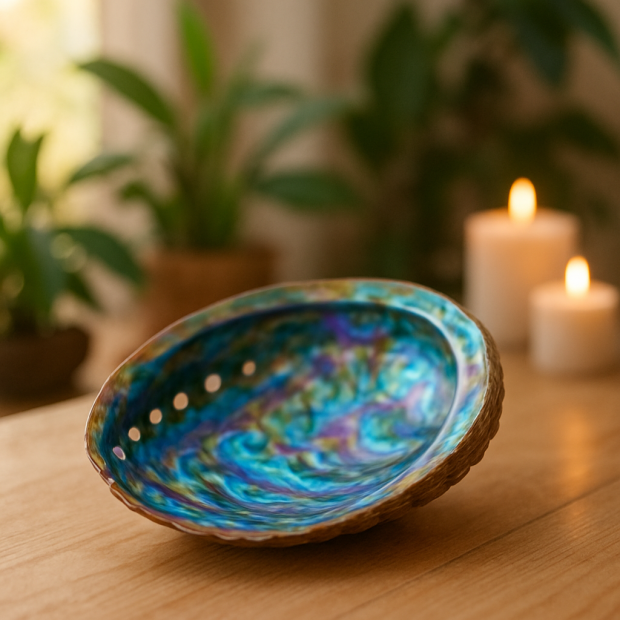 Coquille d'ormeau iridescente sur une surface en bois, créant une ambiance apaisante avec des plantes et des bougies.