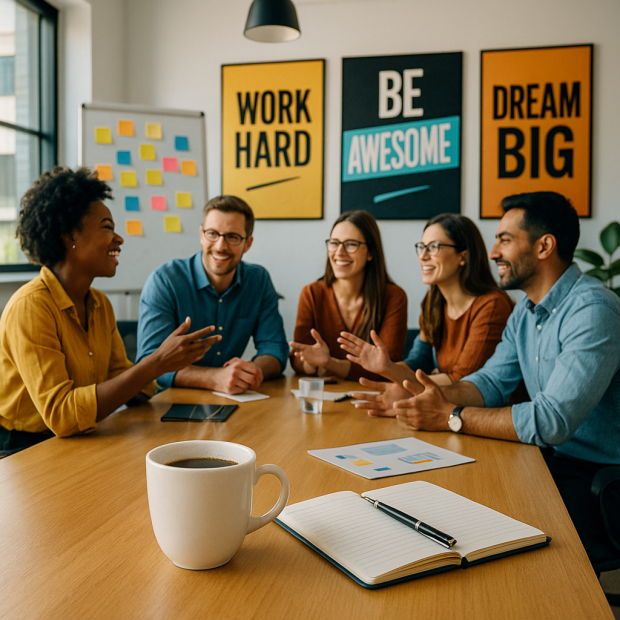 Scène inspirante d'un bureau moderne avec collaborateurs discutant autour d'une table, ambiance dynamique et citations affichées.