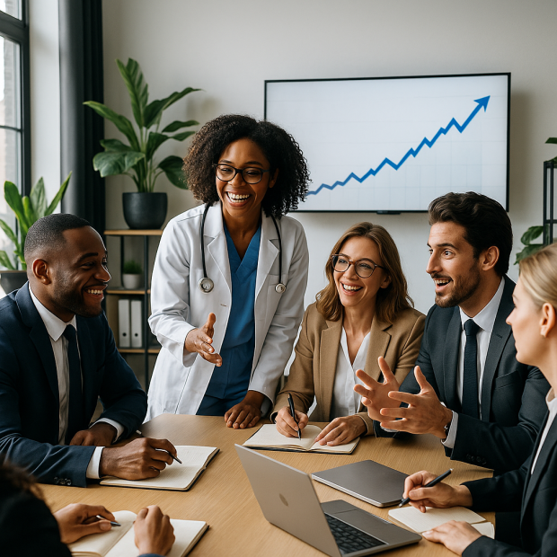 Professionnels modernes en discussion dans un bureau dynamique sur des carrières lucratives en 2025.