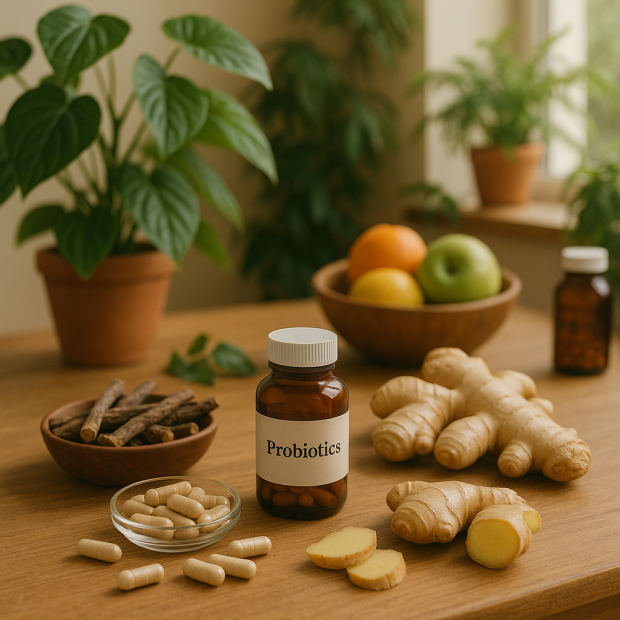 Ingrédients naturels et santé intestinale dans une cuisine chaleureuse.