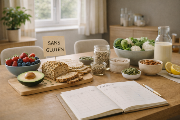 Table de cuisine présentant des aliments sains et un journal alimentaire, représentant la prise de conscience de l'intolérance au gluten.