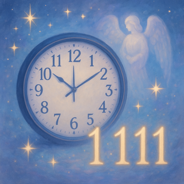 Horloge affichant l'heure 11h11 entourée d'éléments spirituels et de symboles de numérologie.