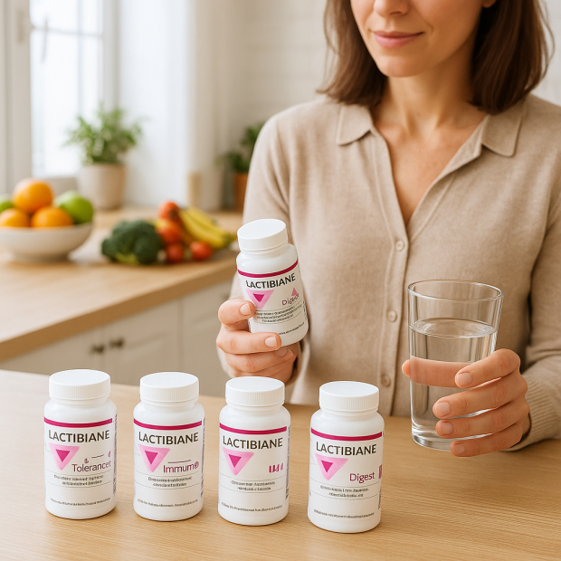 Scène d'une cuisine lumineuse avec des flacons de probiotiques Lactibiane sur une table, une personne tenant un verre d'eau, et des fruits et légumes en arrière-plan."